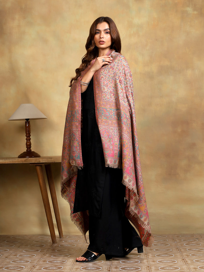 Firosh Women Antique Wool Blend Kani Kashmiri Shawl Beige