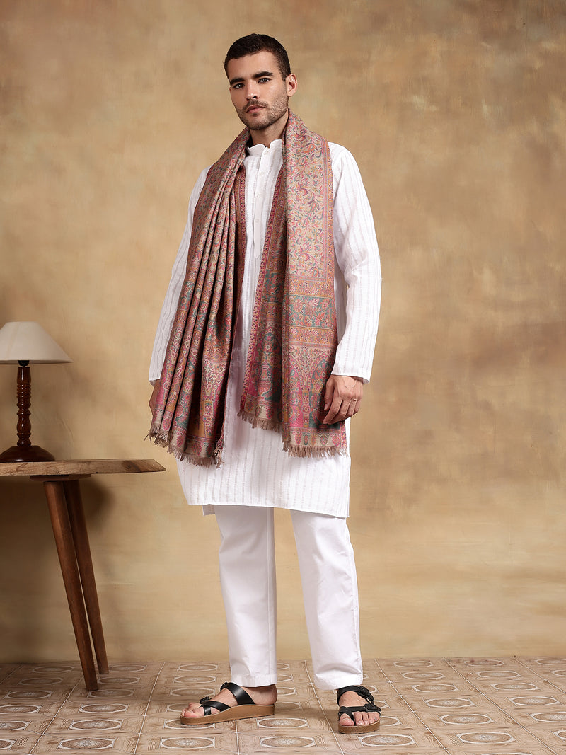 Firosh Men Antique Wool Blend Kani Kashmiri Shawl Beige