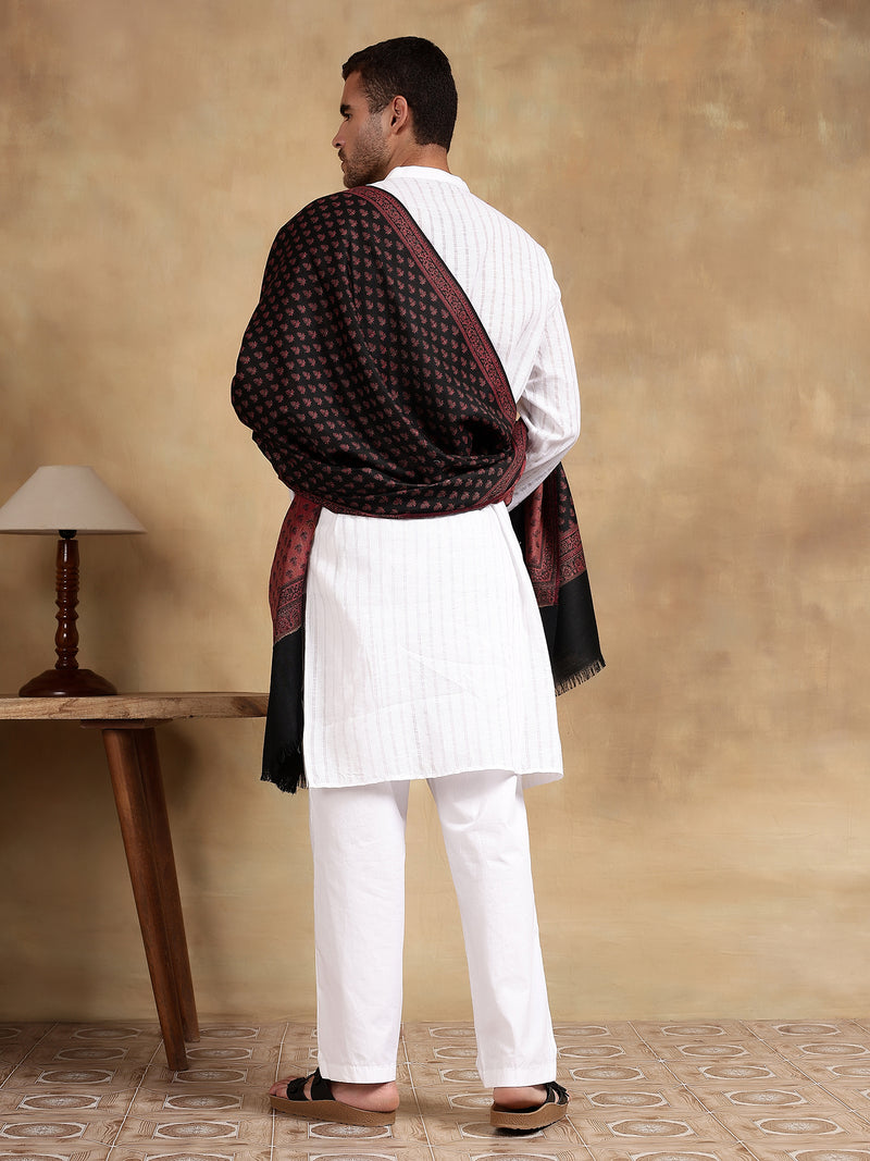 Firosh Men Wool Blend Kani Kashmiri Shawl Black