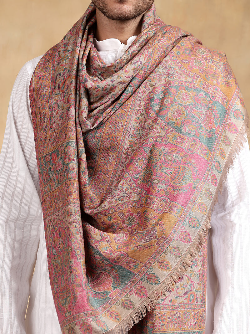 Firosh Men Antique Wool Blend Kani Kashmiri Shawl Beige