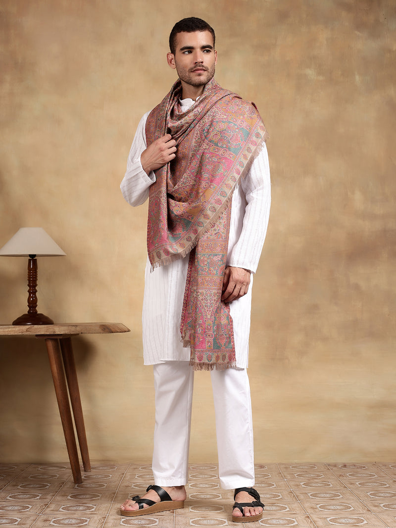 Firosh Men Antique Wool Blend Kani Kashmiri Shawl Beige
