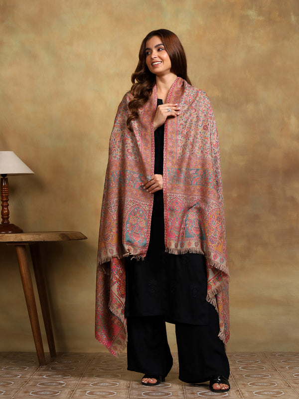 Firosh Women Antique Wool Blend Kani Kashmiri Shawl Beige