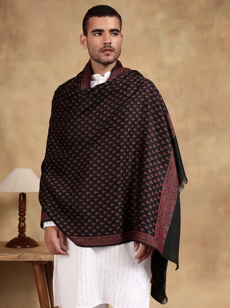 Firosh Men Wool Blend Kani Kashmiri Shawl Black
