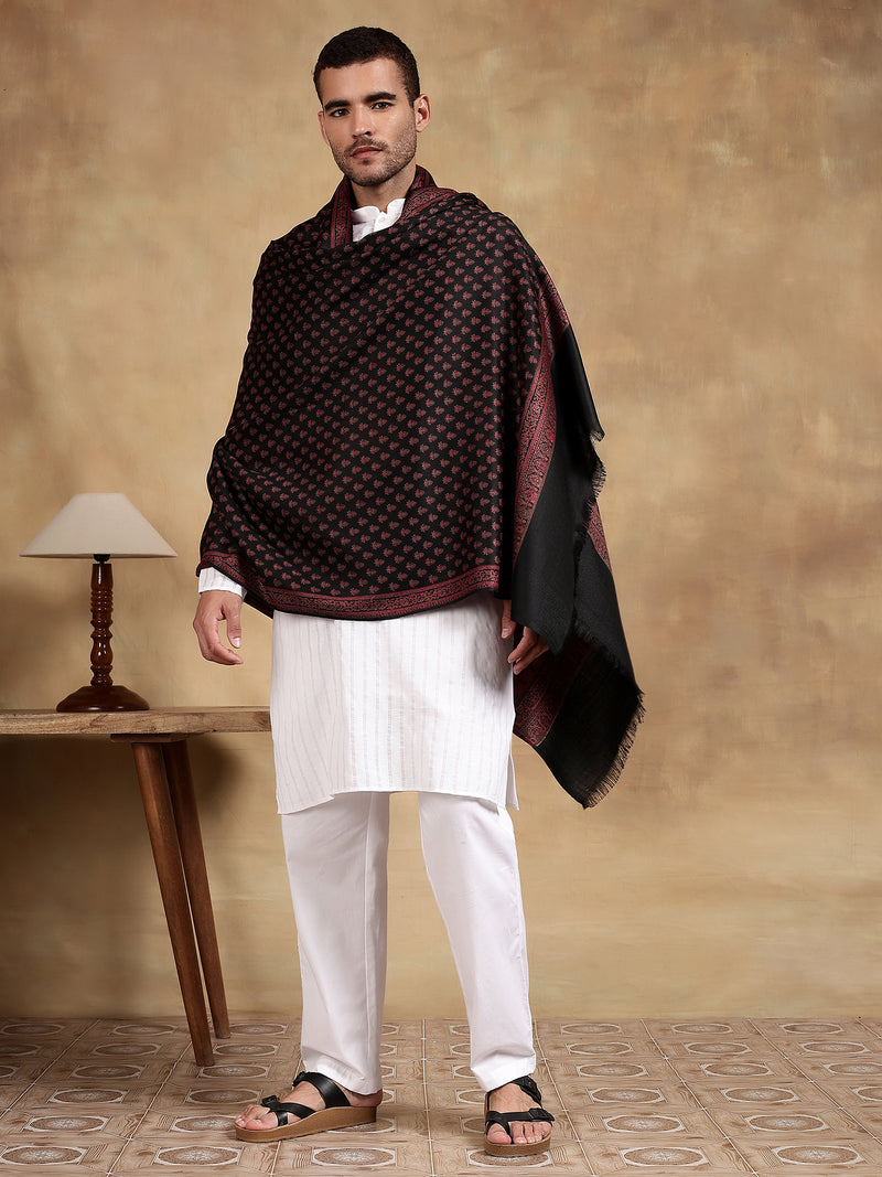 Firosh Men Wool Blend Kani Kashmiri Shawl Black