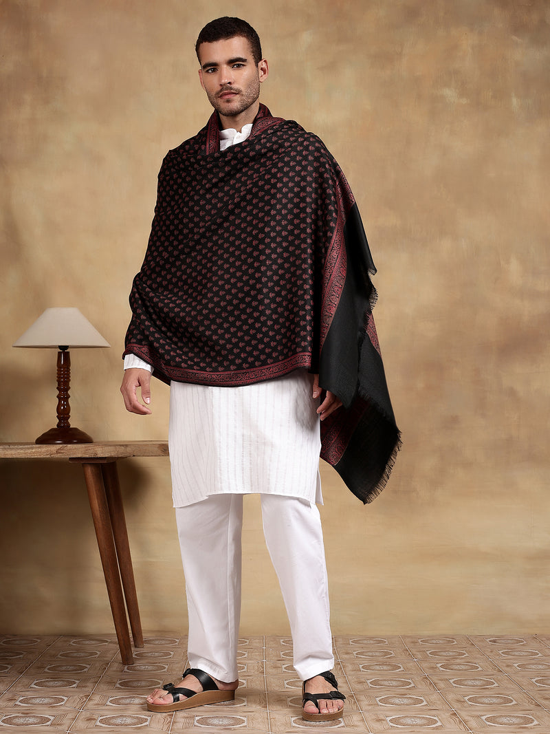 Firosh Men Wool Blend Kani Kashmiri Shawl Black