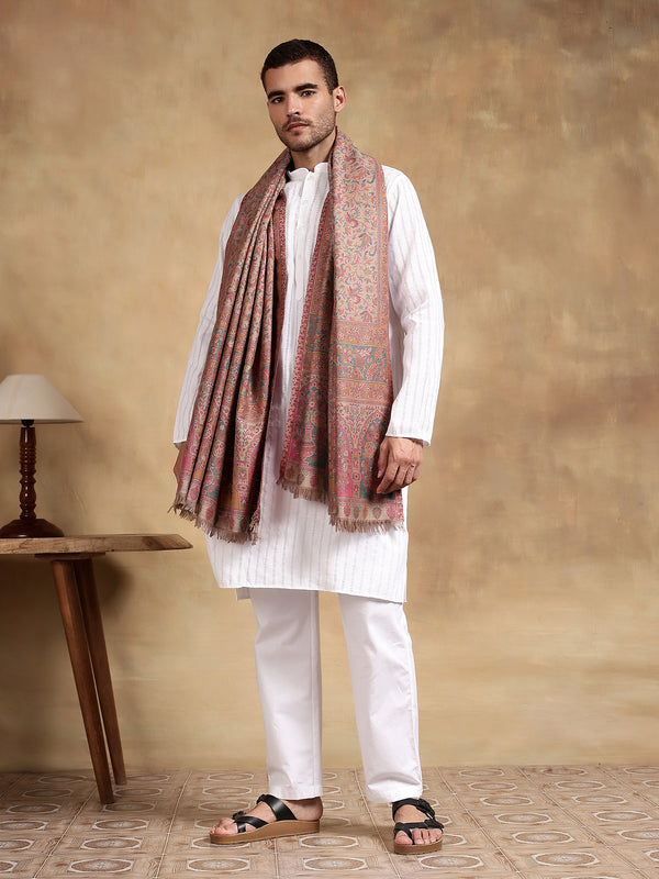 Firosh Men Antique Wool Blend Kani Kashmiri Shawl Beige