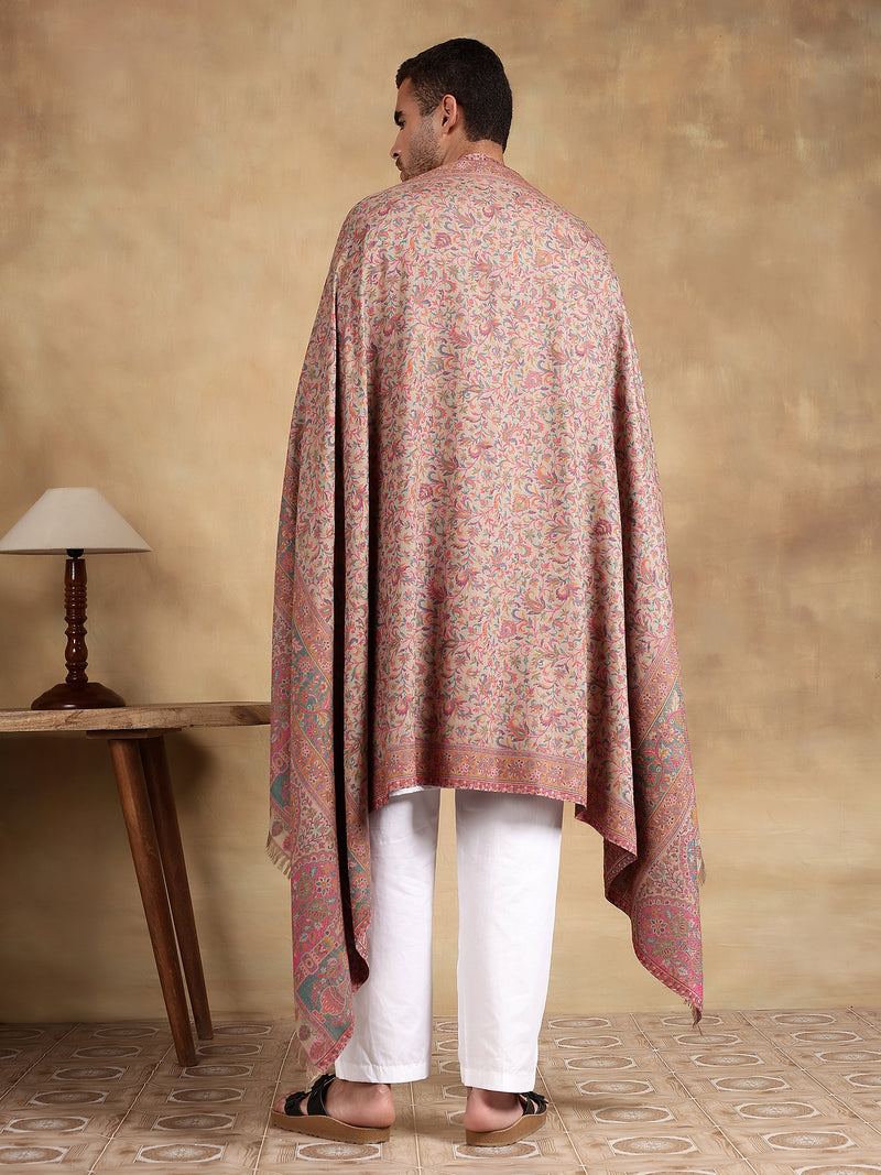 Firosh Men Antique Wool Blend Kani Kashmiri Shawl Beige