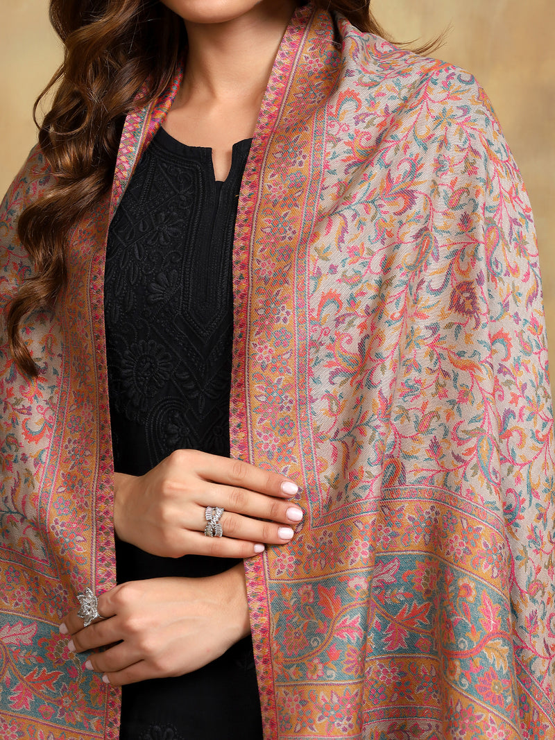 Firosh Women Antique Wool Blend Kani Kashmiri Shawl Beige