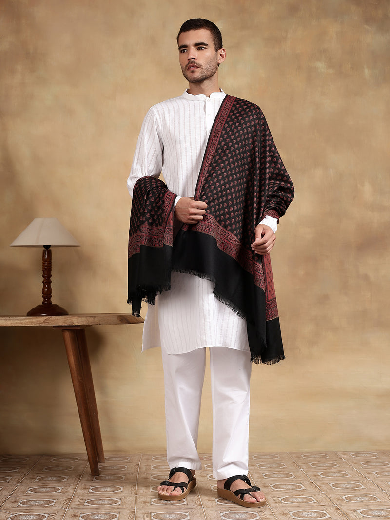 Firosh Men Wool Blend Kani Kashmiri Shawl Black