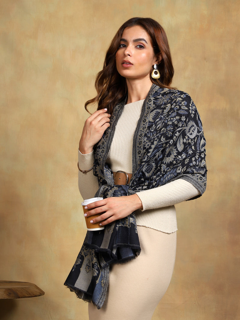 Firosh Women 100% Fine Wool Kani Stole Black