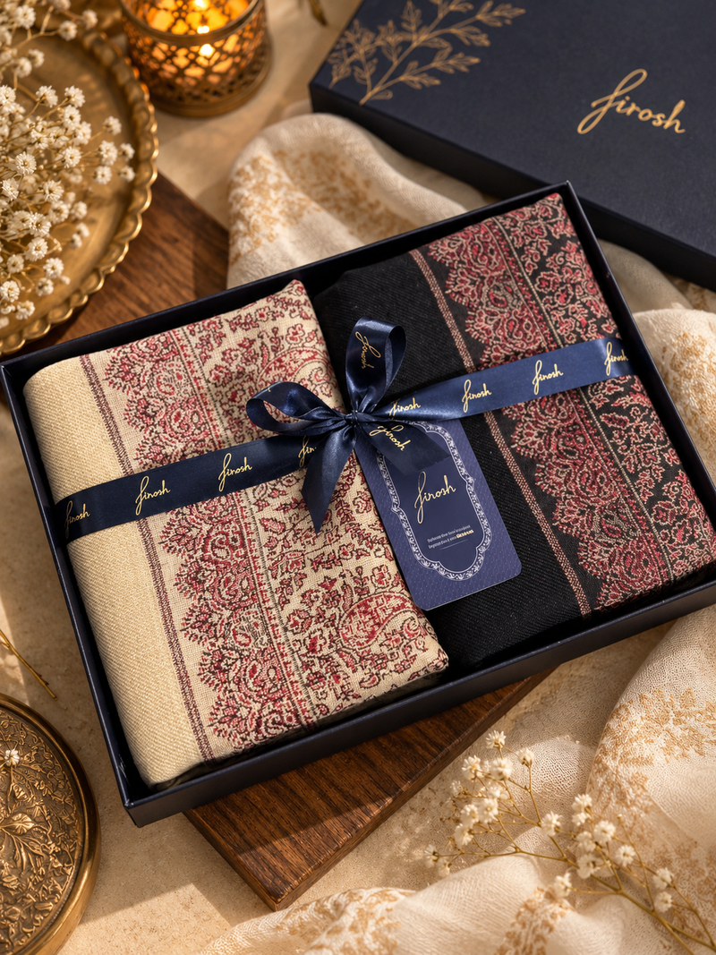 His and Her Gift Set of Wool Blend Kaani Shawls With Gift Box
