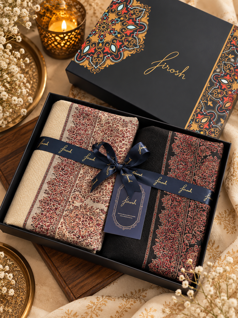 His and Her Gift Set of Wool Blend Kaani Shawls With Gift Box